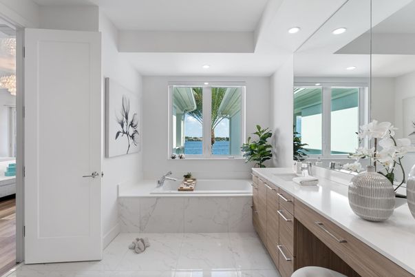 Bathroom, Dual Sink Vanities, Interior, Marble, Recessed Lighting, Water
