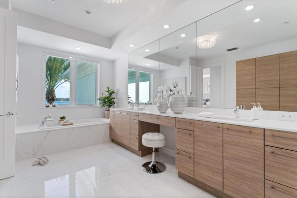 Bathroom, Chandelier, Dual Sink Vanities, Interior, Marble, Recessed Lighting