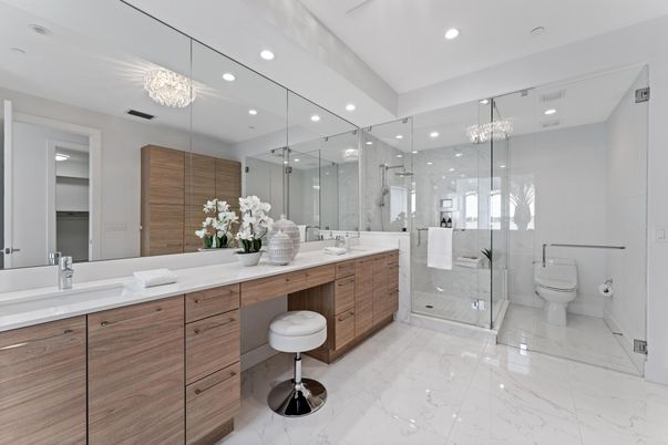 Bathroom, Chandelier, Dual Sink Vanities, Glass Shower, Interior, Marble, Recessed Lighting