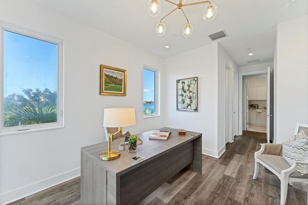 Home Office, Interior, Pendant Lights, Recessed Lighting, Wood Texture Flooring
