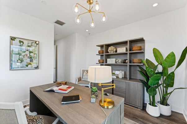 Home Office, Interior, Pendant Lights, Recessed Lighting, Wood Texture Flooring