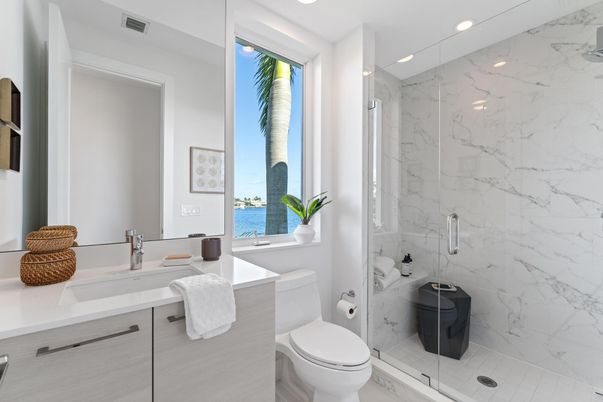 Bathroom, Glass Shower, Interior, Marble Walls, Recessed Lighting