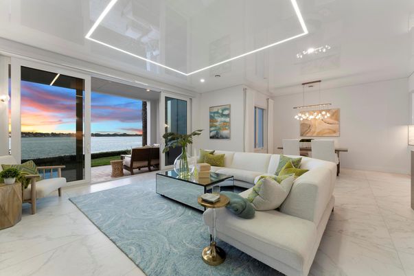 Interior, Living room, Marble, Pendant Lights, Water