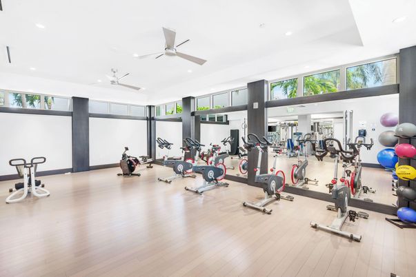Fitness Equipment, Gym, Interior, Recessed Lighting, Wood Texture Flooring