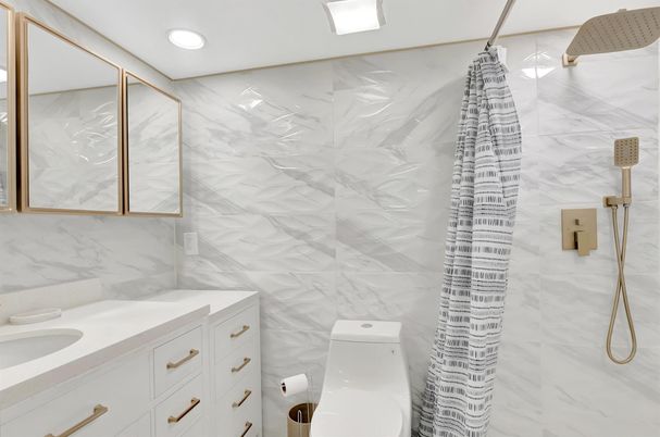 Bathroom, Glass Shower, Interior, Marble Walls, Recessed Lighting
