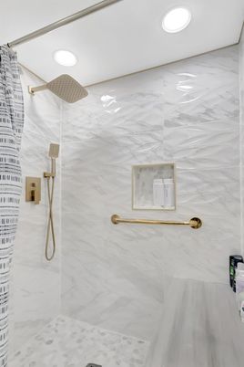 Bathroom, Glass Shower, Interior, Marble Walls, Recessed Lighting