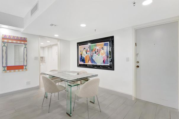 Dining room, Interior, Recessed Lighting, Wood Texture Flooring