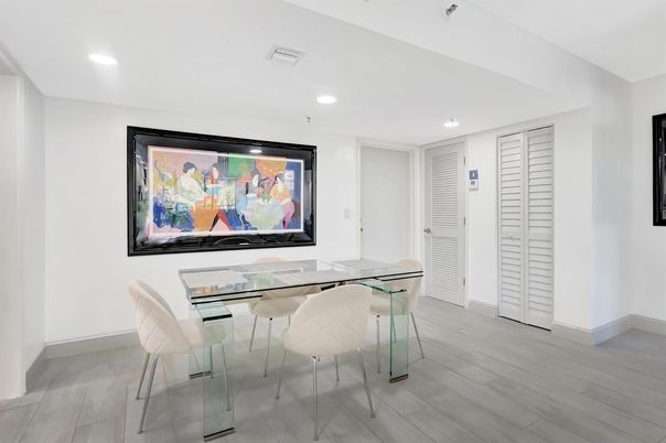 Dining room, Interior, Recessed Lighting, Wood Texture Flooring