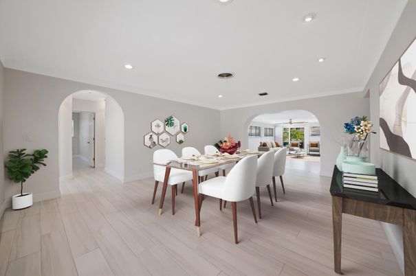 Dining room, Interior, Recessed Lighting, Wood Texture Flooring