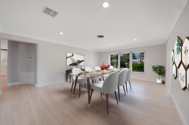 Dining room, Interior, Recessed Lighting, Wood Texture Flooring