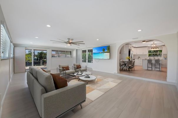 Dining room, Interior, Kitchen, Living room, Recessed Lighting, Wood Texture Flooring