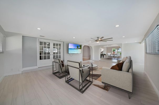 Dining room, Interior, Living room, Recessed Lighting, Wood Texture Flooring