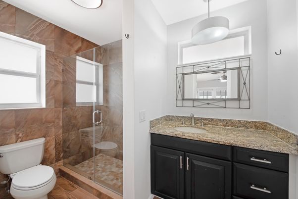 Bathroom, Glass Shower, Interior, Pendant Lights