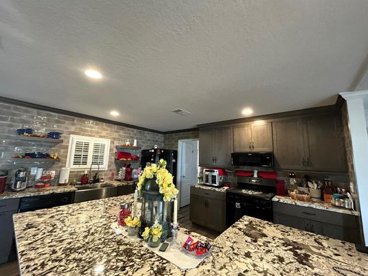 Interior, Kitchen, Recessed Lighting, Stone Walls