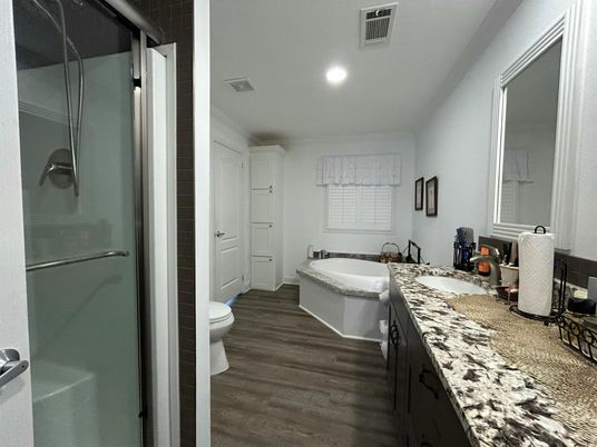 Bathroom, Dual Sink Vanities, Interior, Recessed Lighting, Wood Texture Flooring