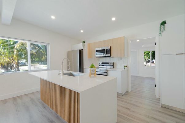 Interior, Kitchen, Recessed Lighting, Stainless Steel Appliances, Wood Texture Flooring