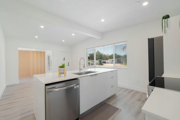 Interior, Kitchen, Recessed Lighting, Stainless Steel Appliances, Wood Texture Flooring