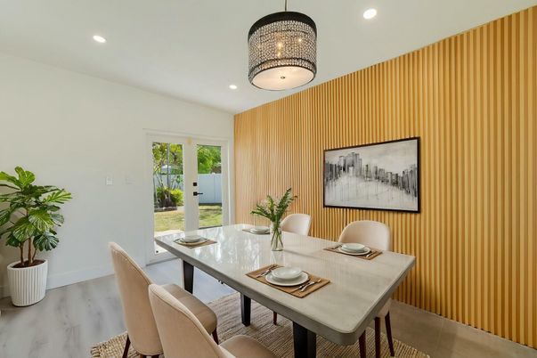 Dining room, Interior, Recessed Lighting, Wood Texture Flooring