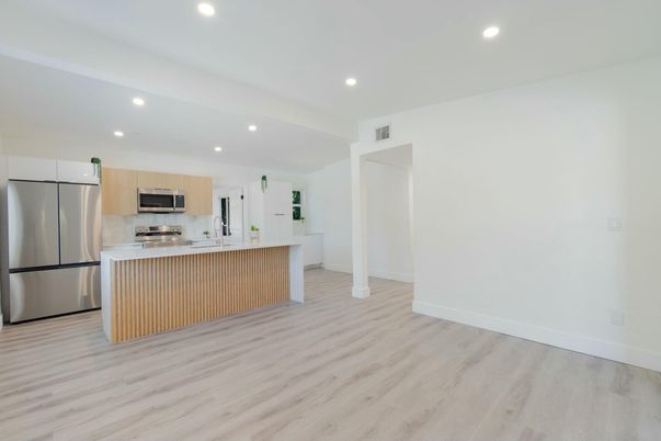 Interior, Kitchen, Recessed Lighting, Stainless Steel Appliances, Wood Texture Flooring