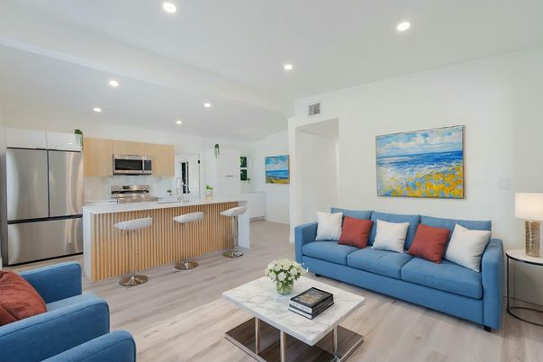Interior, Kitchen, Living room, Recessed Lighting, Stainless Steel Appliances, Wood Texture Flooring