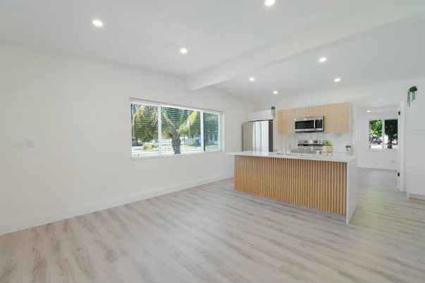 Interior, Kitchen, Recessed Lighting, Stainless Steel Appliances, Wood Texture Flooring