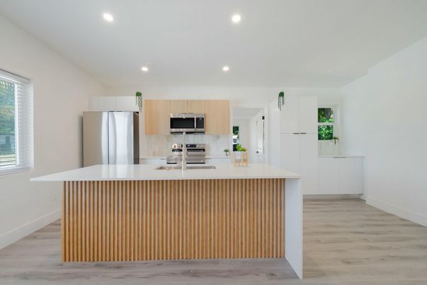 Interior, Kitchen, Recessed Lighting, Stainless Steel Appliances, Wood Texture Flooring