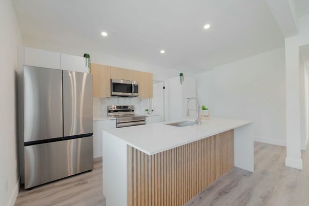 Interior, Kitchen, Recessed Lighting, Stainless Steel Appliances, Wood Texture Flooring