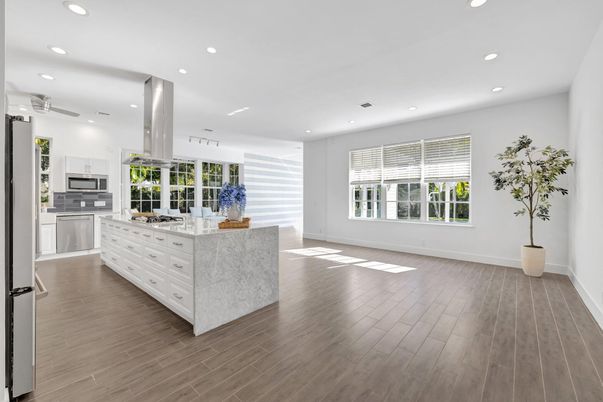 Interior, Kitchen, Pendant Lights, Recessed Lighting, Stainless Steel Appliances, Wood Texture Flooring