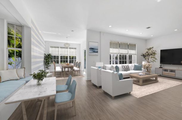 Dining room, Interior, Living room, Pendant Lights, Recessed Lighting, Wood Texture Flooring
