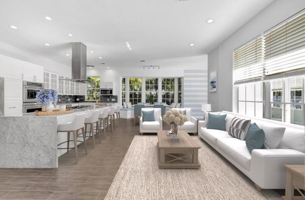 Dining room, Interior, Kitchen, Living room, Recessed Lighting, Stainless Steel Appliances, Wood Texture Flooring
