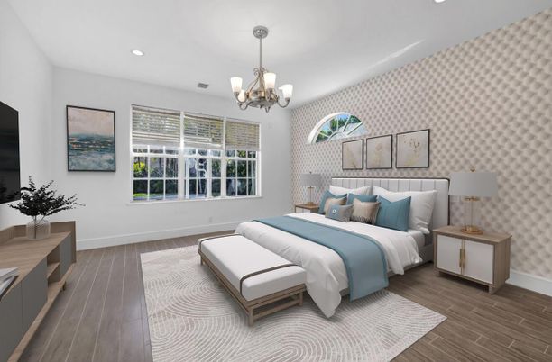 Bedroom, Chandelier, Interior, Recessed Lighting, Wood Texture Flooring