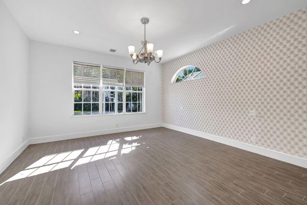 Chandelier, Empty room, Interior, Recessed Lighting, Wood Texture Flooring