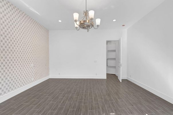 Chandelier, Empty room, Interior, Recessed Lighting, Wood Texture Flooring