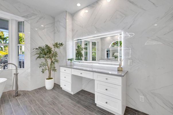 Bathroom, Interior, Marble Walls, Recessed Lighting, Wood Texture Flooring