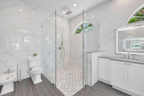 Bathroom, Glass Shower, Interior, Marble Walls, Recessed Lighting, Wood Texture Flooring