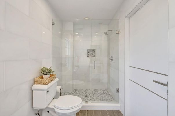 Bathroom, Glass Shower, Interior, Recessed Lighting, Wood Texture Flooring