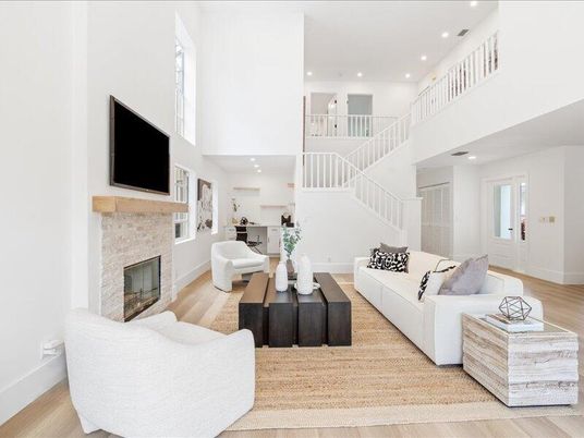 Fireplace, Interior, Living room, Recessed Lighting, Wood Texture Flooring