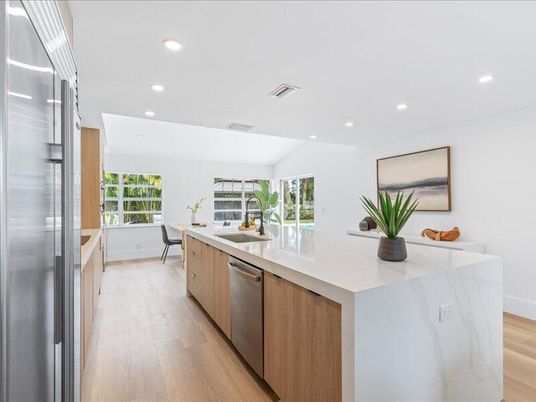 Dining room, Interior, Kitchen, Recessed Lighting, Stainless Steel Appliances, Wood Texture Flooring