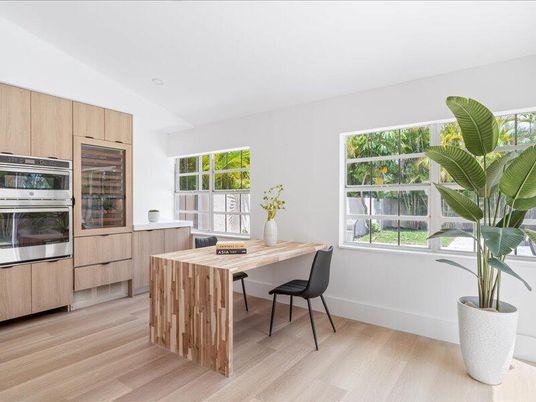 Home Office, Interior, Kitchen, Stainless Steel Appliances, Wood Texture Flooring