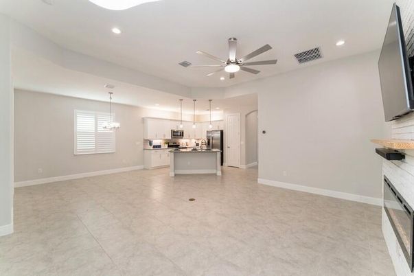 Chandelier, Empty room, Interior, Kitchen, Recessed Lighting, Stainless Steel Appliances