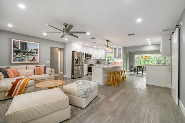 Dining room, Interior, Kitchen, Living room, Pendant Lights, Recessed Lighting, Stainless Steel Appliances, Wood Texture Flooring