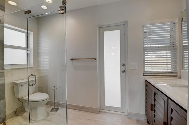 Bathroom, Glass Shower, Interior, Wood Texture Flooring
