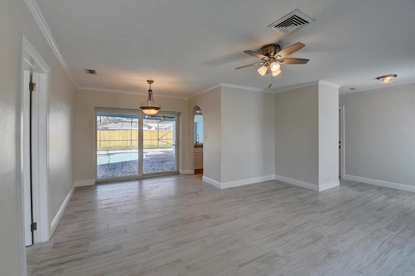 Empty room, Interior, Pendant Lights, Wood Texture Flooring