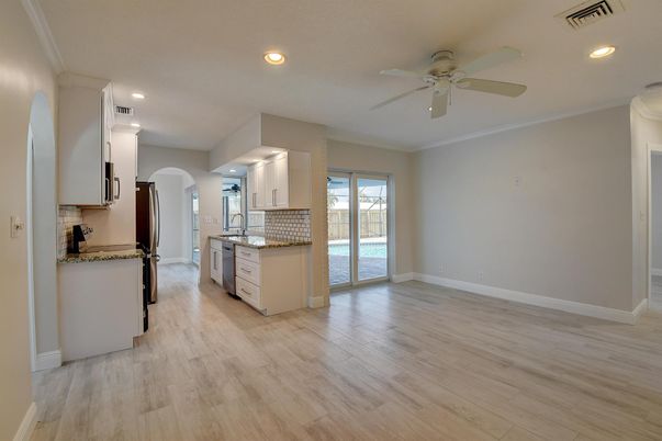 Empty room, Interior, Kitchen, Recessed Lighting, Wood Texture Flooring