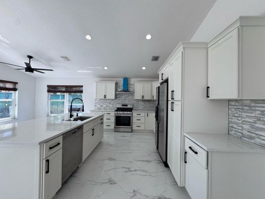 Interior, Kitchen, Marble, Recessed Lighting, Stainless Steel Appliances