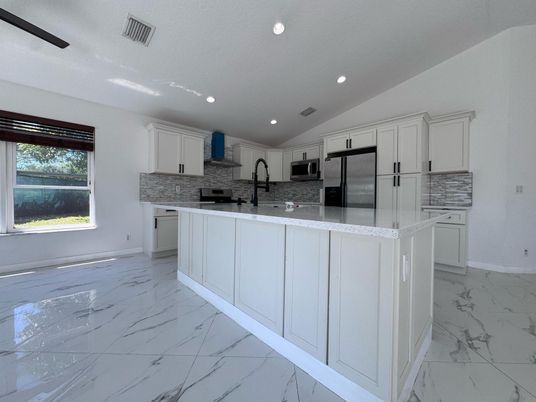 Interior, Kitchen, Marble, Recessed Lighting, Stainless Steel Appliances
