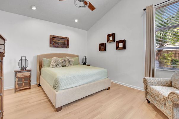 Bedroom, Interior, Recessed Lighting, Wood Texture Flooring