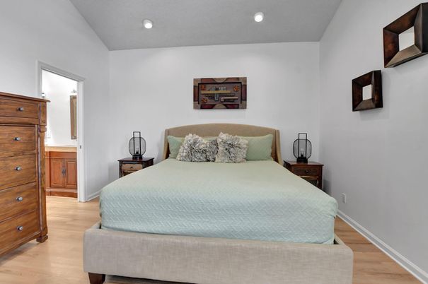Bedroom, Interior, Recessed Lighting, Wood Texture Flooring