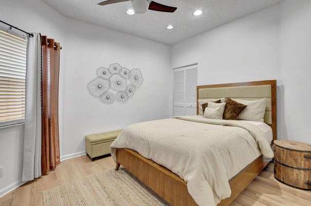 Bedroom, Interior, Recessed Lighting, Wood Texture Flooring