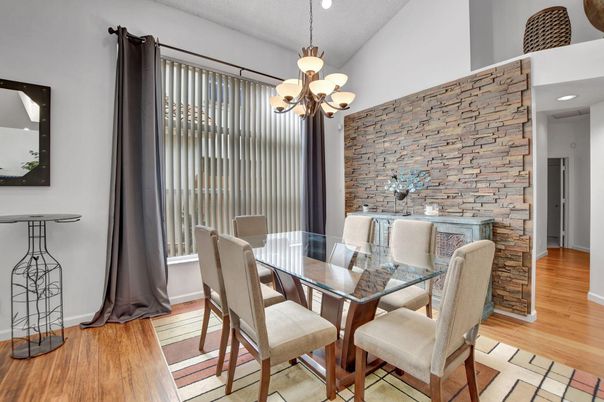 Chandelier, Dining room, Interior, Stone Walls, Wood Texture Flooring